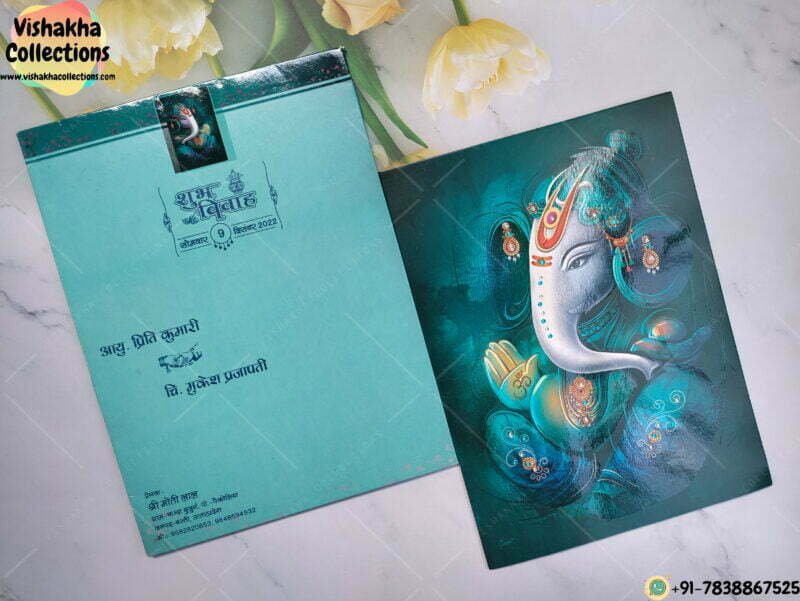 Aquaish Color Hand Painted Design Ganesh Ji And Shiny Beads Wedding Card