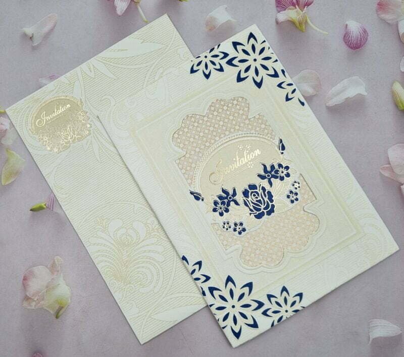 Blue Floral Cream Color Wedding Invitation Card