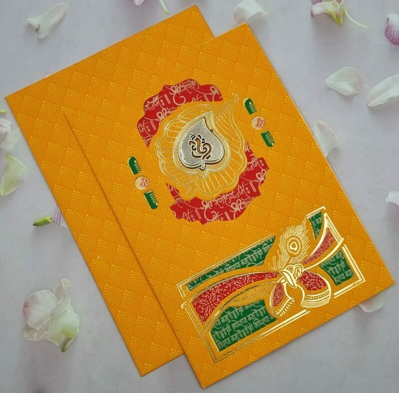 Radha Krishan Multiculotoured Yellow Wedding Invitation Card