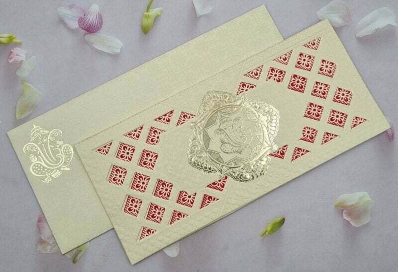 Laser Cut Ganesh Red and Cream Colour Wedding Invitation Card