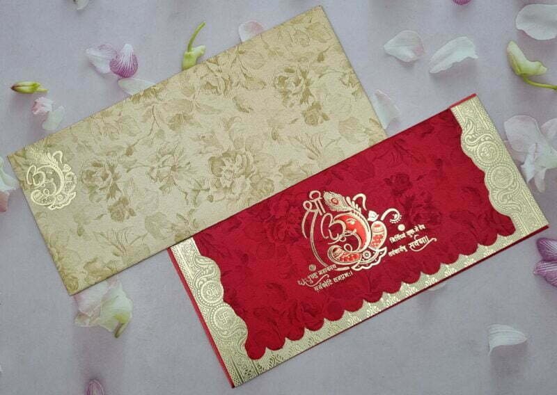 Om Shree Ganesh Red and Beige with Gold Wedding Invitation Card