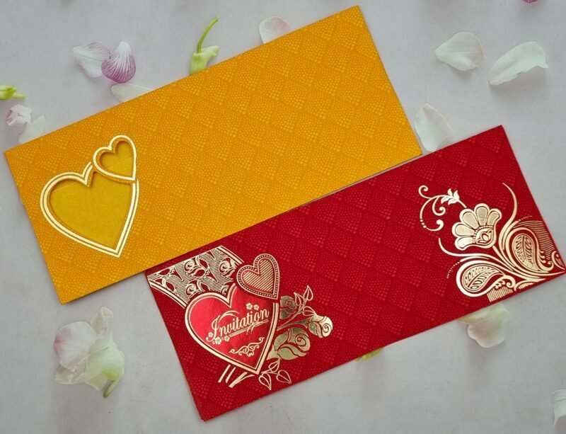 Heart Design Red and Yellow with Gold Foil Wedding Invitation Card