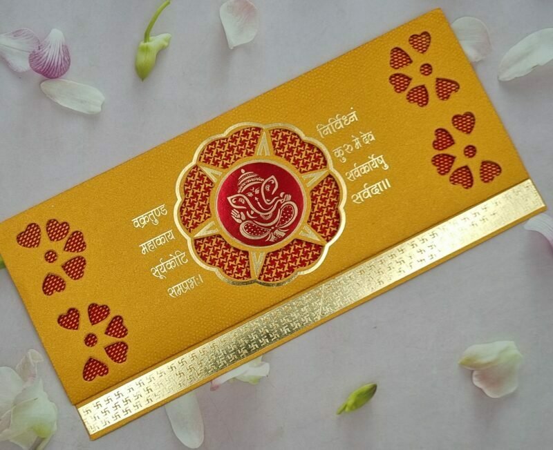 Yellow and Red Ganesh Three Fold Wedding Invitation Card