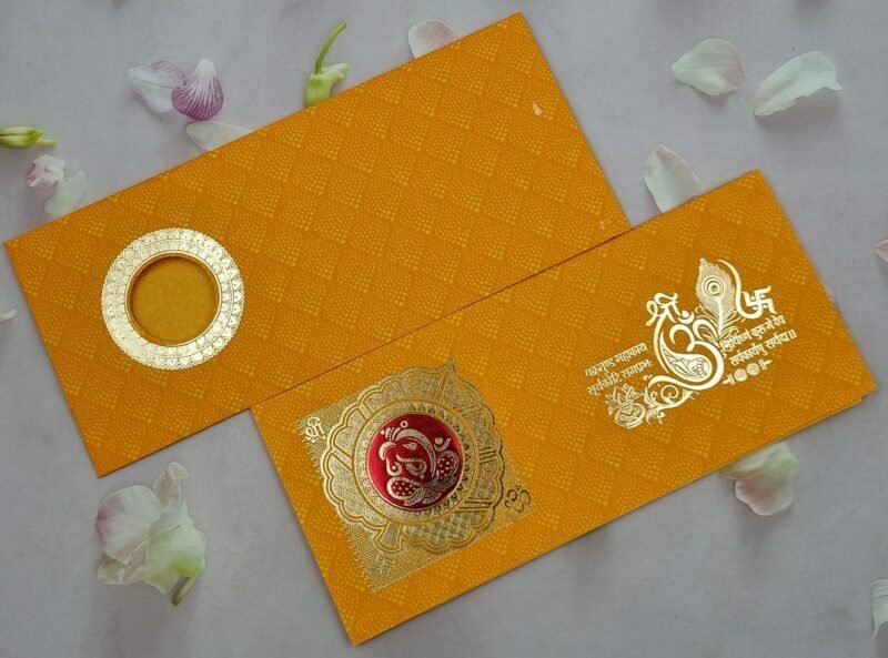Shree Ganesh in Round Window Beige Wedding Invitation Card