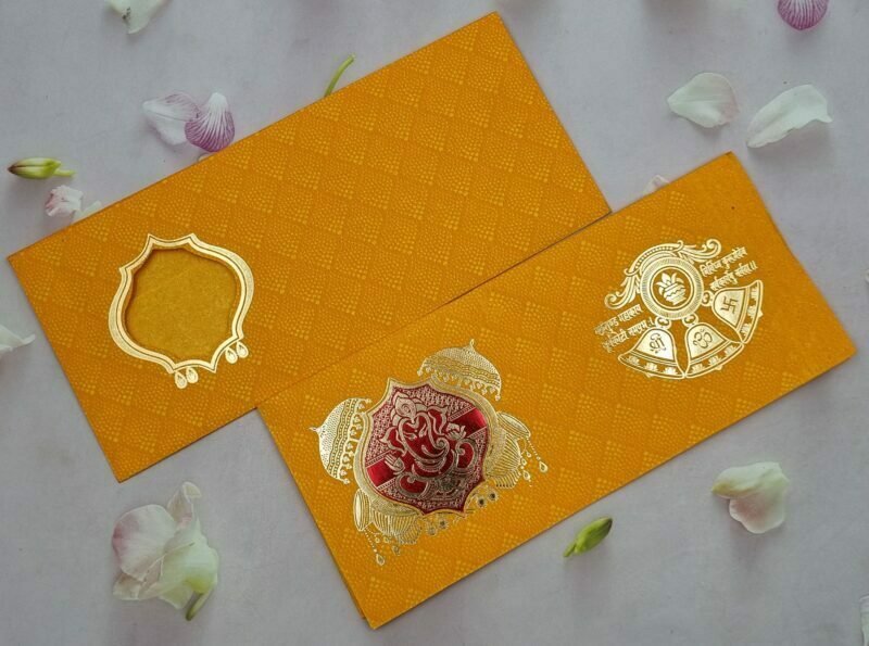 Yellow Colour Gold Ganesha in window Wedding Invitation Card