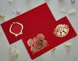 Red Colour Gold Ganesha in window Wedding Invitation Card