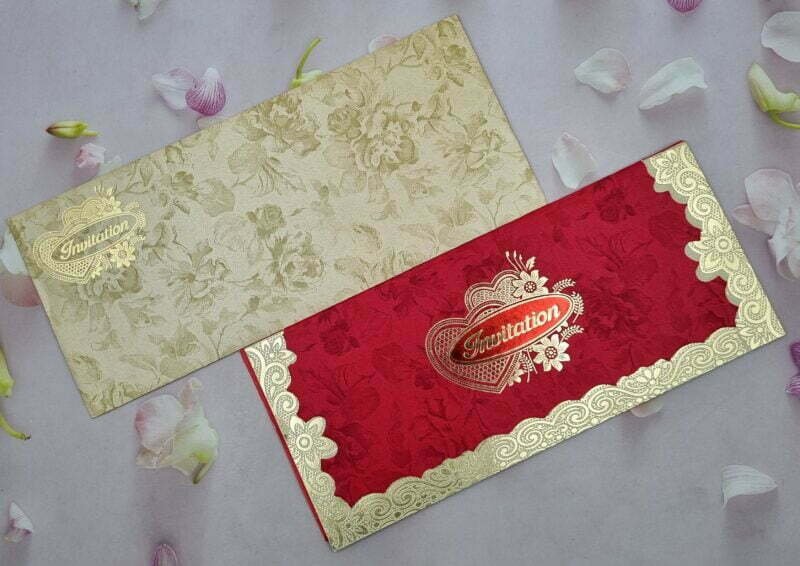 Hearts with Floral Print Red and Beige with Gold Wedding Invitation Card