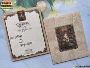 Ganesh Ji In Golden Framed Mahal Pichai Art Wedding Invitation Cards