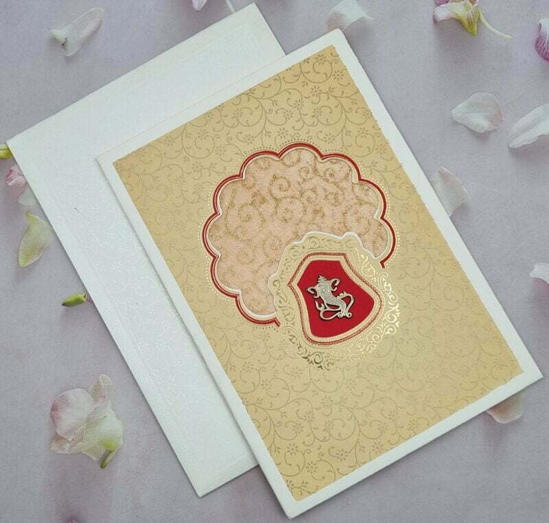 Beige Colour Floral Print Wedidng Invitation Card