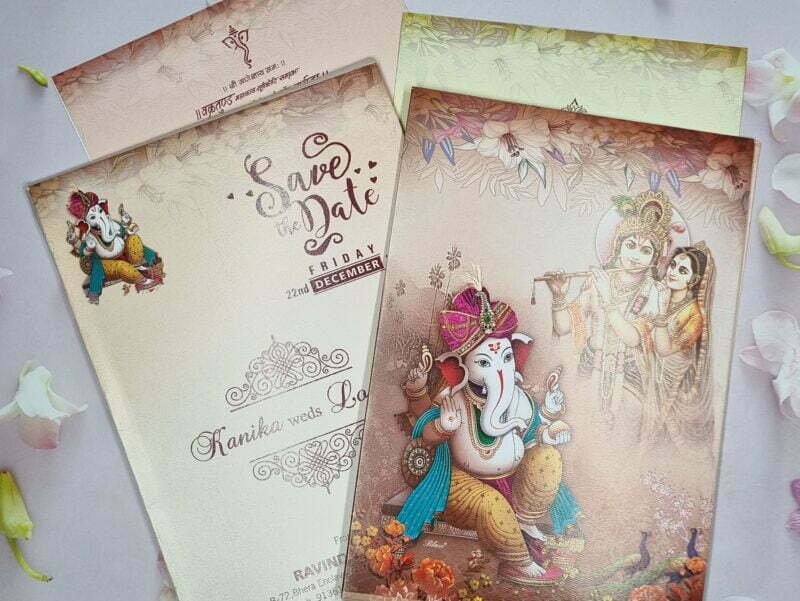 Radha Krishna Ganesh Ji Peocock In Floral Wedding Invitation Card