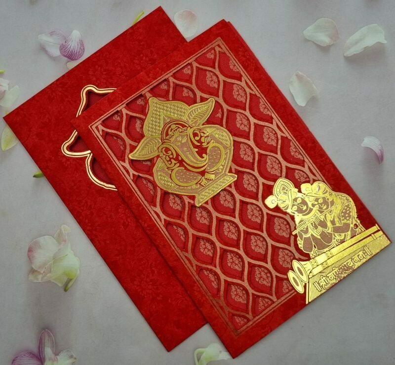 Laser Cut Radha Krihsna Themed Ganesha Yellow Wedding Invitation Card