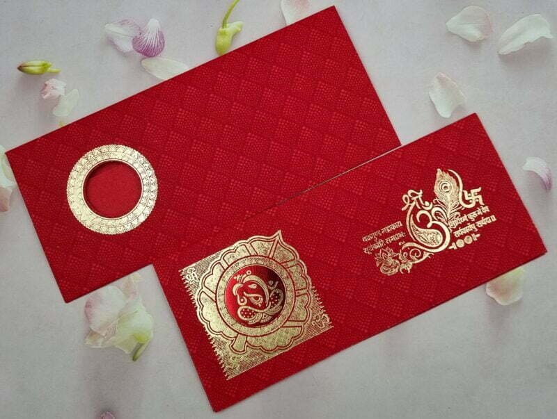 Shree Ganesh in Round Window Red Wedding Invitation Card