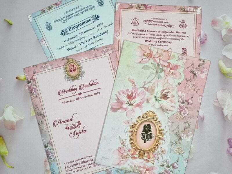 Floral Bluish Pink Color Wedding Invitation Card