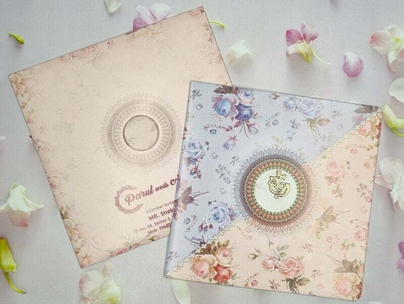 Peach And Light Purple Mandala Art Floral Wedding Invitation Card