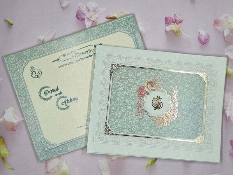 Landscape Style Blue Frame In Pink Color Wedding Invitation Card