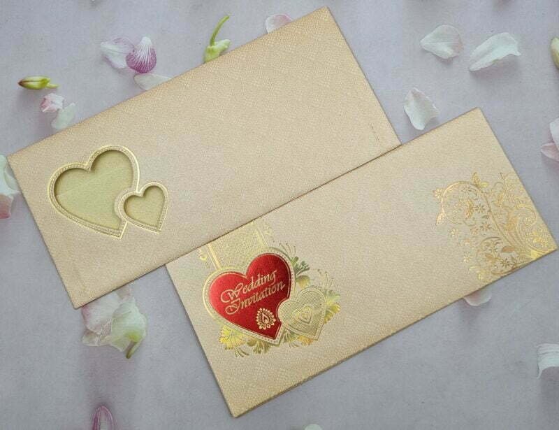 Twin hearts with Floral Print Beige Wedding Invitation Card