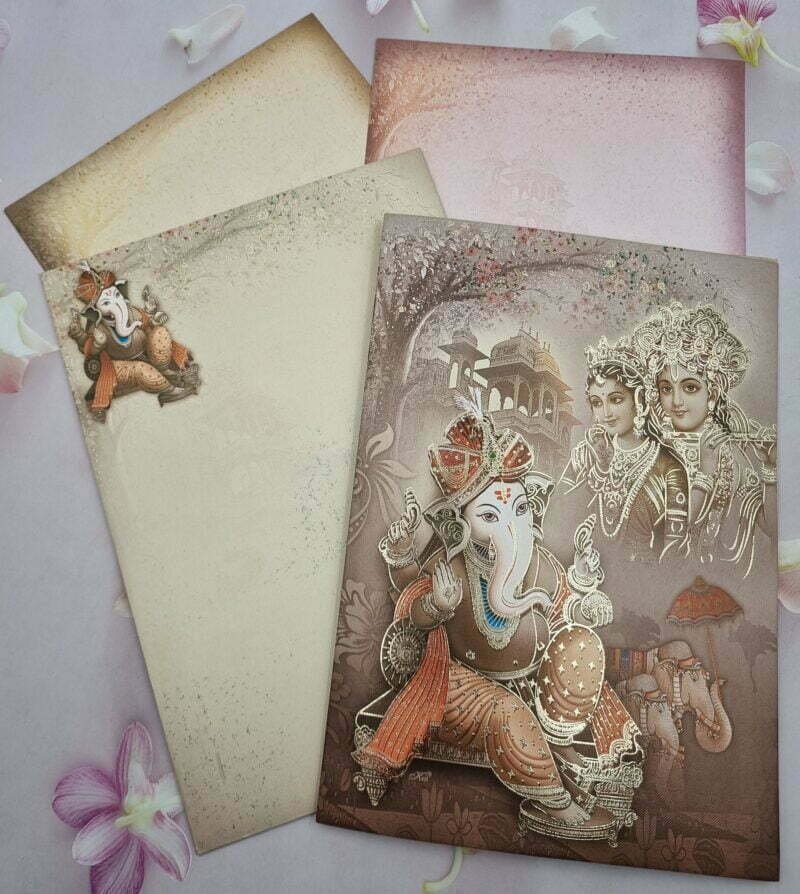 Multi Color Radha Krishna with Ganesha Wedding Invitation Card
