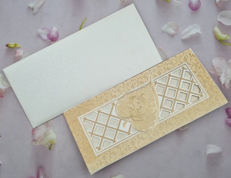 Ganesha Beige And Gold Floral Theme Laser Cut Wedding Invitation Card