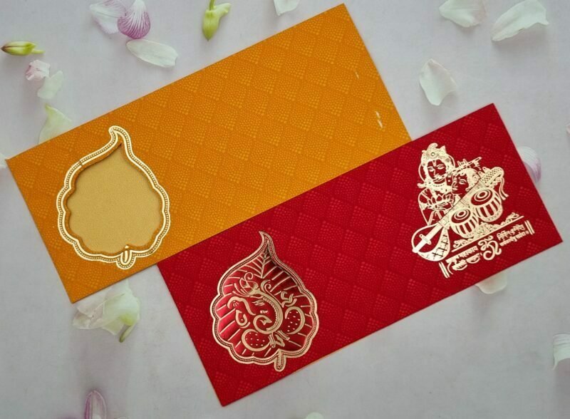 Kalash Design Red and Yellow with Gold Foil Wedding Invitation Card