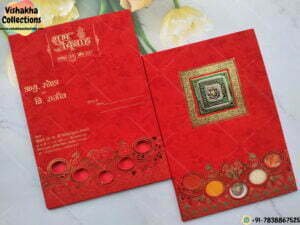 Red Padded Card With Real KumKum Haldi Supari Chawal And Roli Traditional card