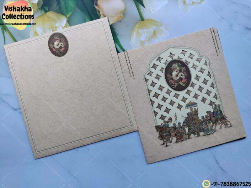 Beige Color Die Cut Mandir Style Barat With Ghodi Dulah Dulhan Wedding card
