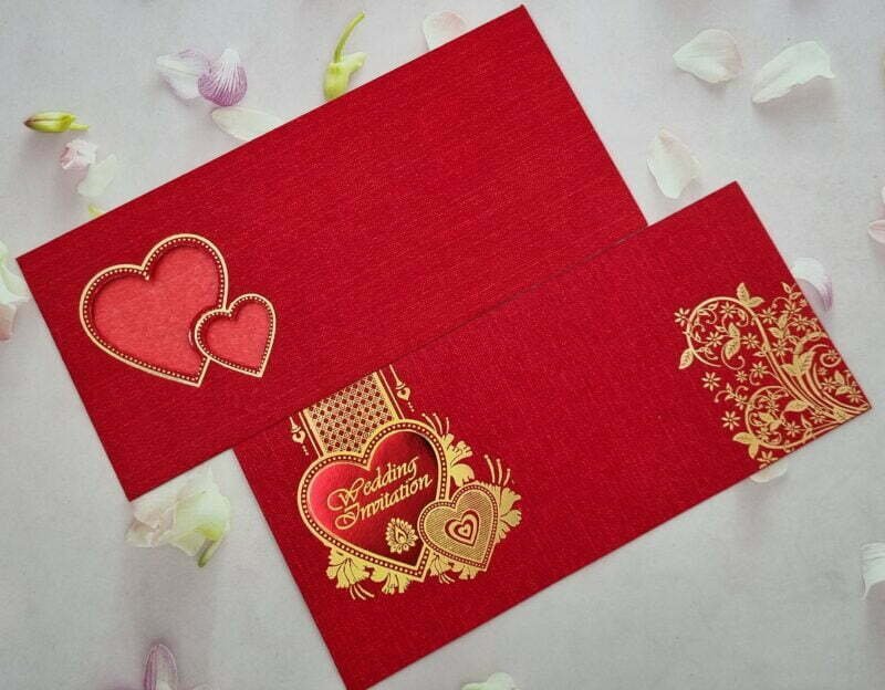 Twin hearts with Floral Print Red Wedding Invitation Card