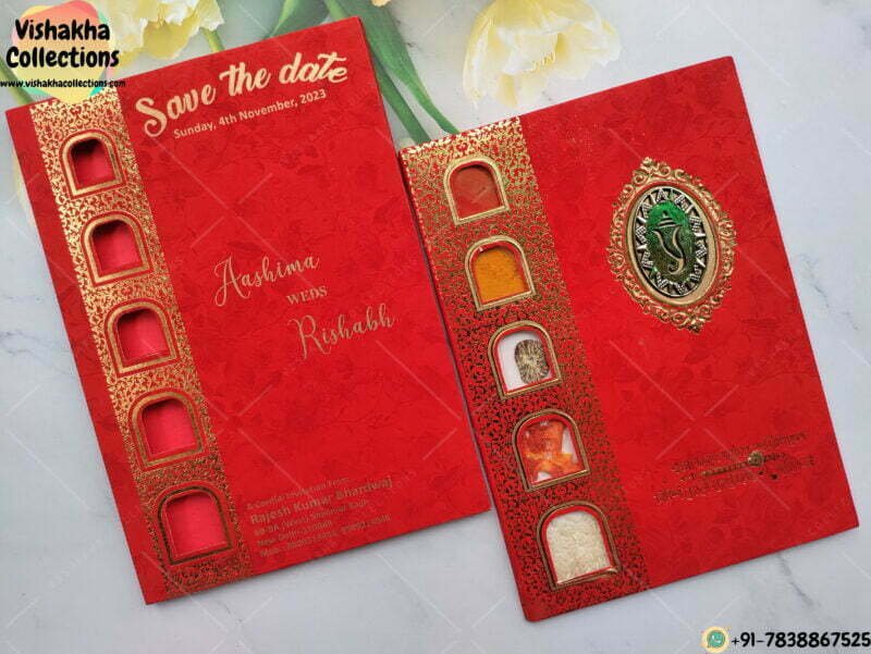 Red Color Window With Real KumKum Haldi Supari Chawal And Roli Traditional card
