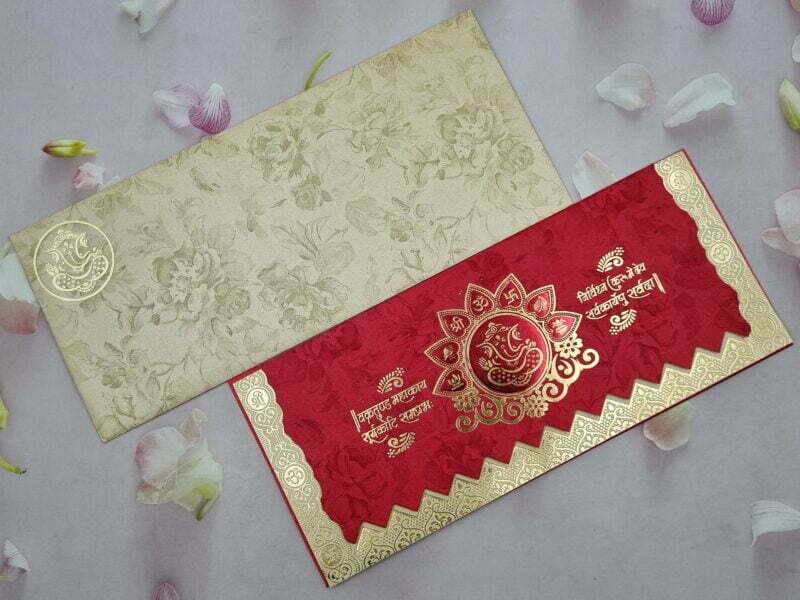 Shree Ganesh Mantra Red and Beige with Gold Wedding Invitation Card