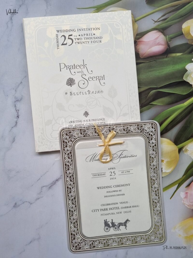Paper Laser Cut Semi Box White And golden Color Hindu Wedding Muslim Wedding Christian Wedding Sikh Wedding invitation Cards - ATS-1547