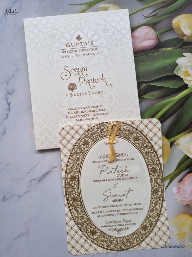 Paper Laser Cut Semi Box White And golden Color Hindu Wedding Muslim Wedding Christian Wedding Sikh Wedding invitation Cards - ATS-1548