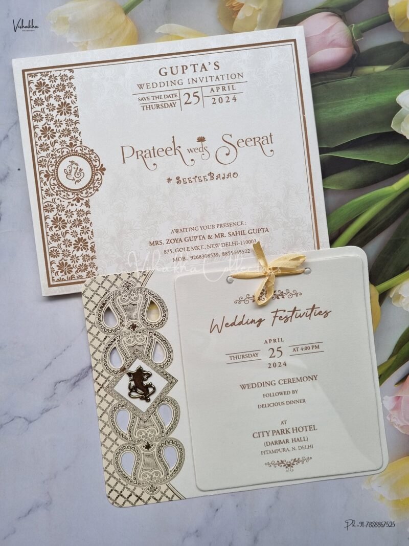 Paper Laser Cut Semi Box White And golden Color Hindu Wedding Sikh Wedding invitation Cards - ATS-1550