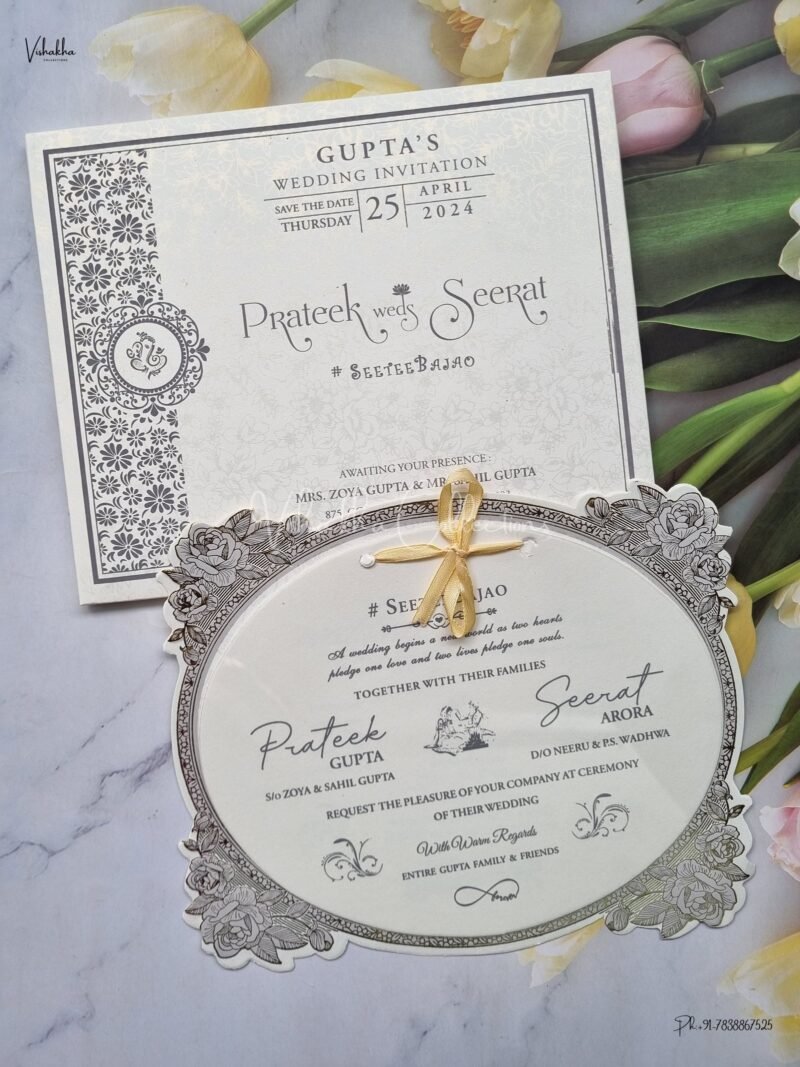 Paper Laser Cut Semi Box White And golden Color Hindu Wedding Muslim Wedding Christian Wedding Sikh Wedding invitation Cards - ATS-1551