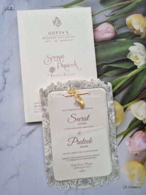 Paper Laser Cut Semi Box White And golden Color Hindu Wedding Muslim Wedding Christian Wedding Sikh Wedding invitation Cards - ATS-1553