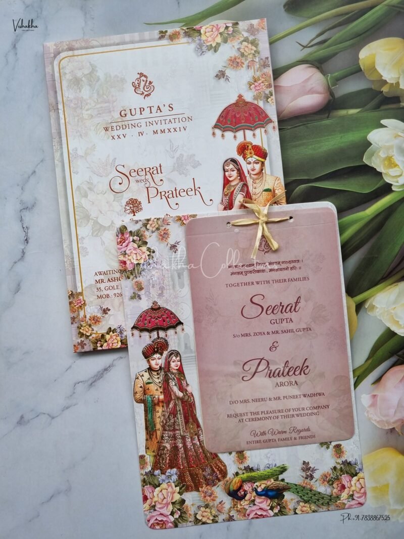 Paper Laser Cut Semi Box Dulah Dulhan Themed Flower Themed Hindu Wedding Sikh Wedding invitation Cards - ATS-L3178
