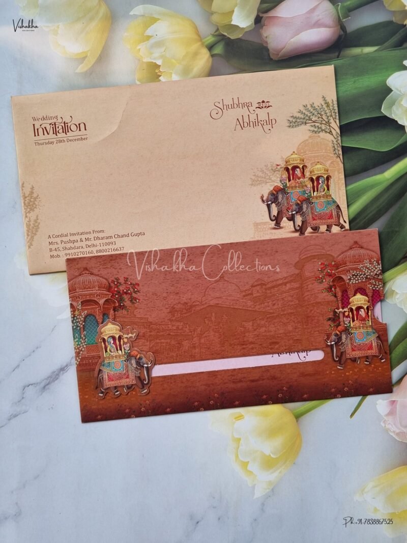 Sliding Style Barat Themed Unique Concept Hathi Themed Dulah Dulhan Themed Flower Themed Hindu Wedding Sikh Wedding invitation Cards - EJ3099