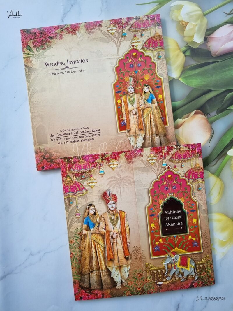 Semi Box Hathi Themed Dulah Dulhan Themed Flower Themed Double Door Hindu Wedding Sikh Wedding invitation Cards - EJ3162