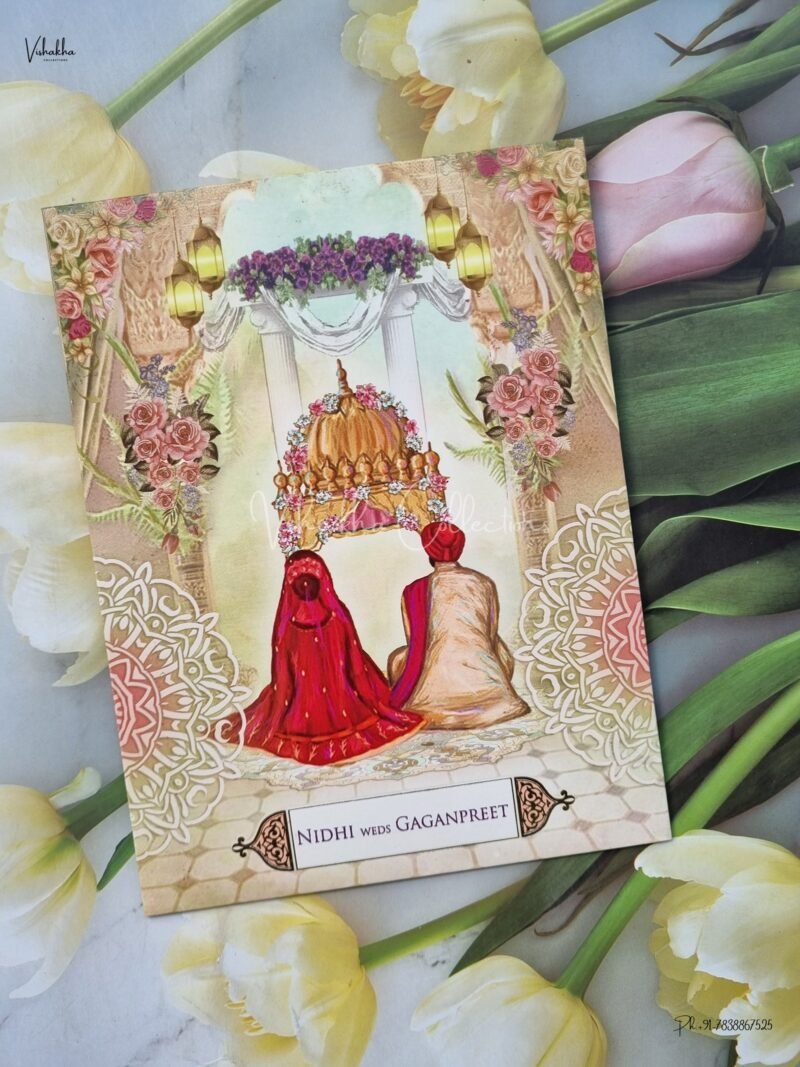 Single Insert Dulah Dulhan Themed Flower Themed Sikh Wedding invitation Cards - EJ967