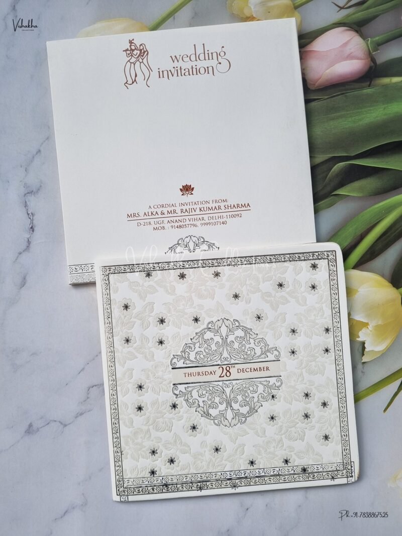 Semi Box White And golden Color Hindu Wedding Muslim Wedding Christian Wedding Sikh Wedding invitation Cards - EJ-3532