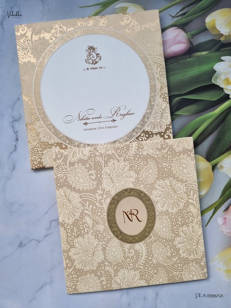 Semi Box White And golden Color Hindu Wedding Muslim Wedding Christian Wedding Sikh Wedding invitation Cards - EJ-3616