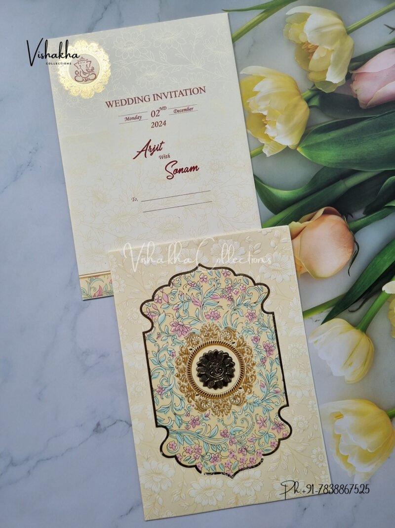 Blue and Pink Flower Pattern in Pale Yellow and White Modern Wedding Invitation Card