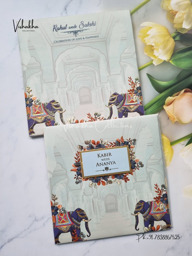 Eye Blue traditional elephant padded with name plate Wedding Invitation Card SK-3306