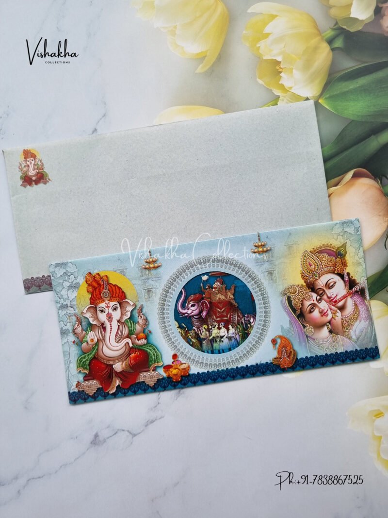 Ganesh with Radha Krishan Light Blue Three Fold Invitation card