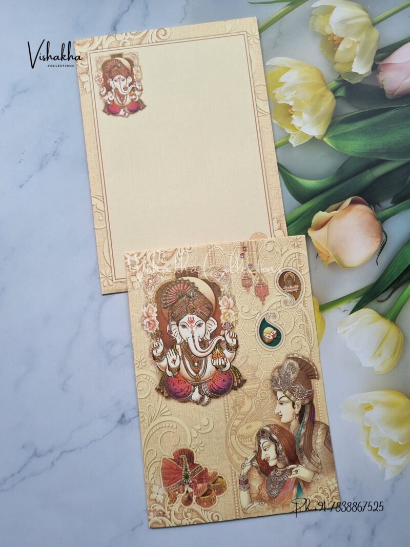 Indian Brideand Groom with Ganesha in Mud Color wedding invitation card