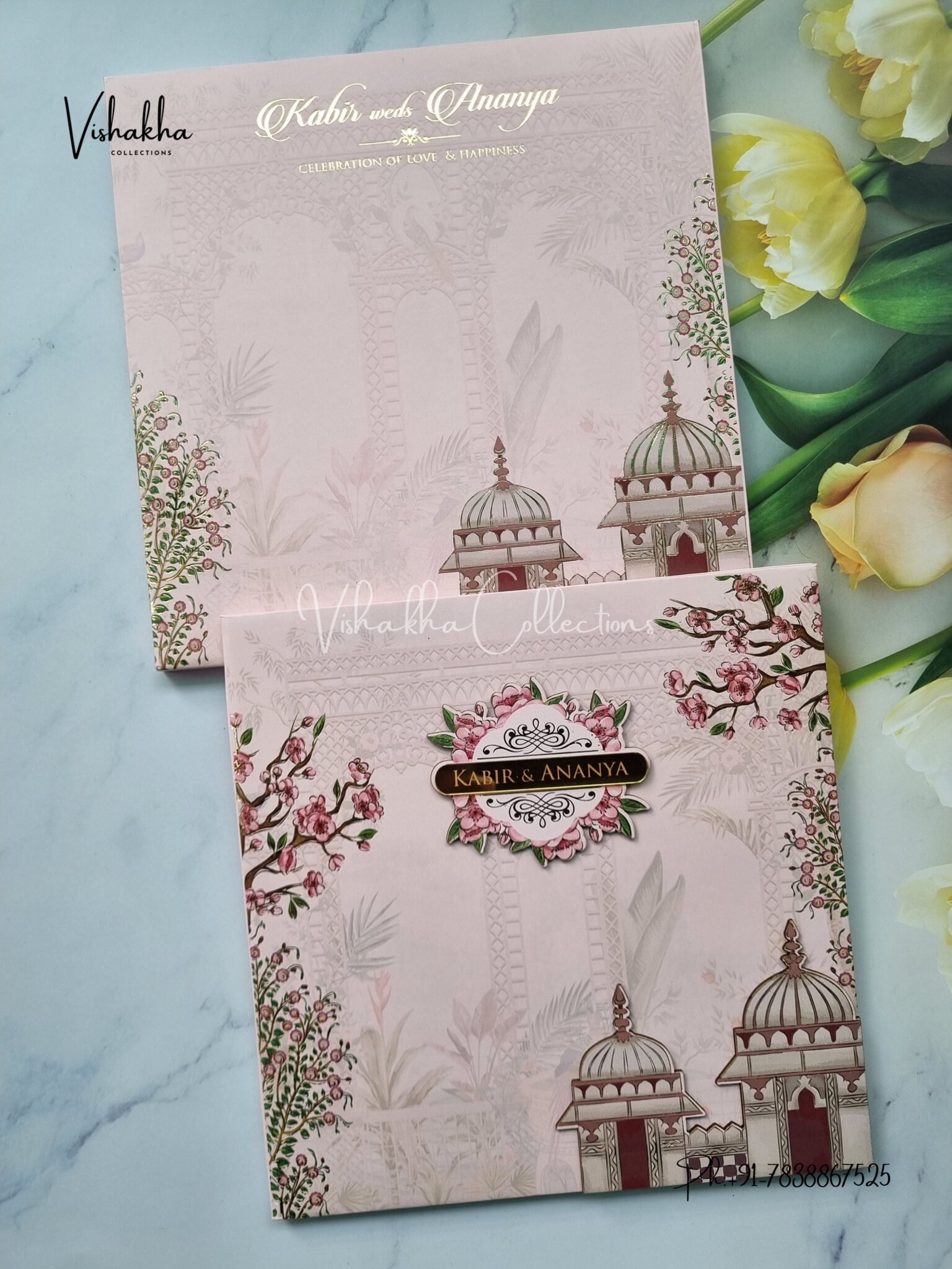 10 Minimalist Nikah Invitation Cards for Modern Muslim Couples 4 Light Pink Floral Padded MDF Cut-Out Invitation with Name Plate
