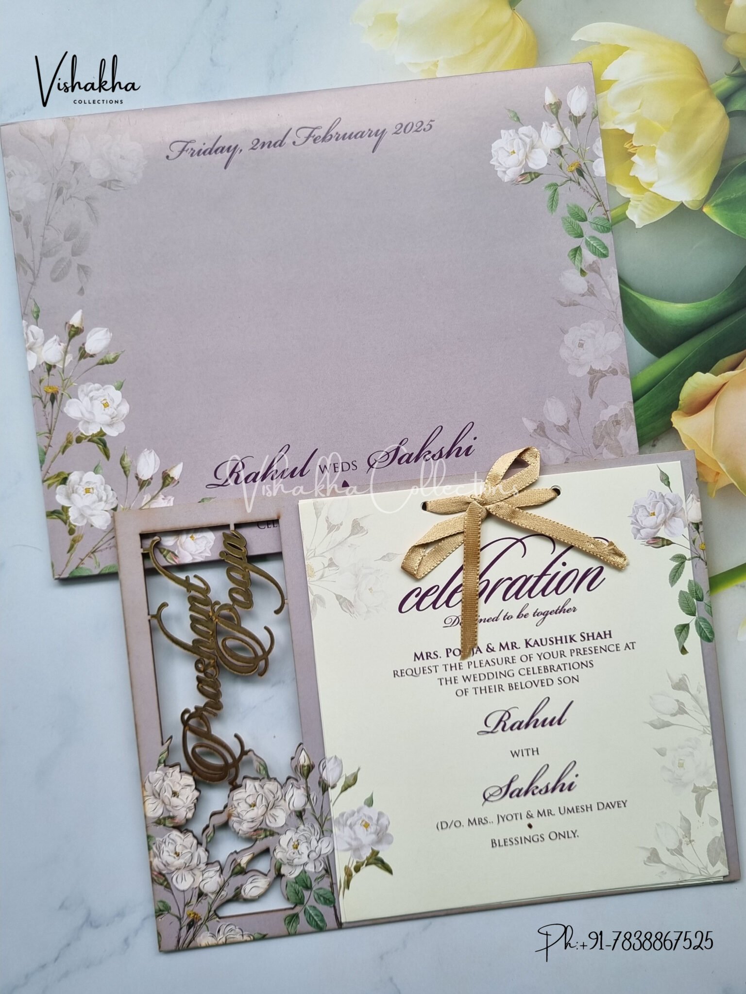10 Minimalist Nikah Invitation Cards for Modern Muslim Couples 8 Light Purple Floral MDF Invitation with Laser-Cut Names