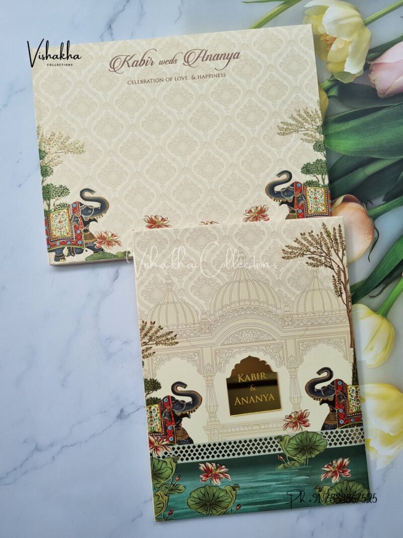 Light brown tradtional elephant padded with name plate Wedding Invitation Card SK-3275