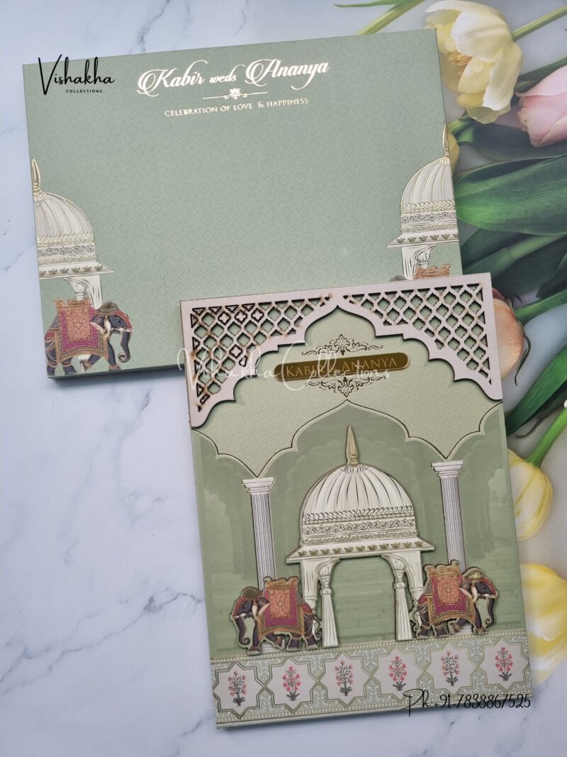 Olive green Traditional elephant 3D padded with name plate Wedding Invitation Card SK-3404