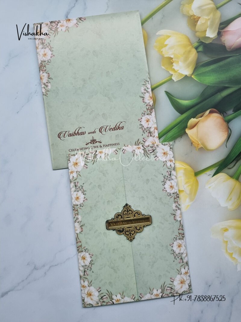 Pastel green floral double door with name plate Wedding Invitation Card SK-3413