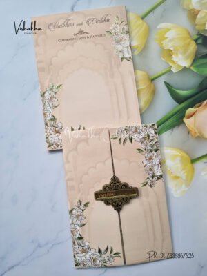 Peach floral double door padded with name plate Wedding Invitation Card SK-3373