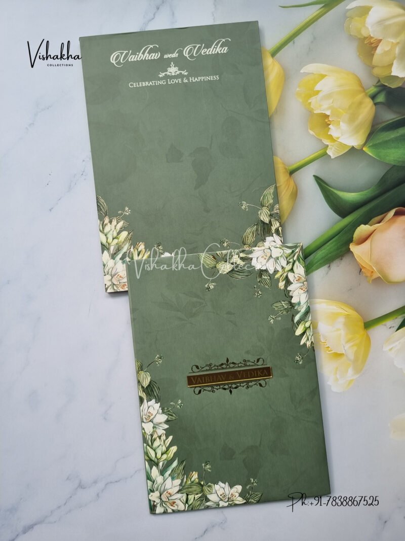 bottle green Floral padded with name plate Wedding Invitation Card SK-3374